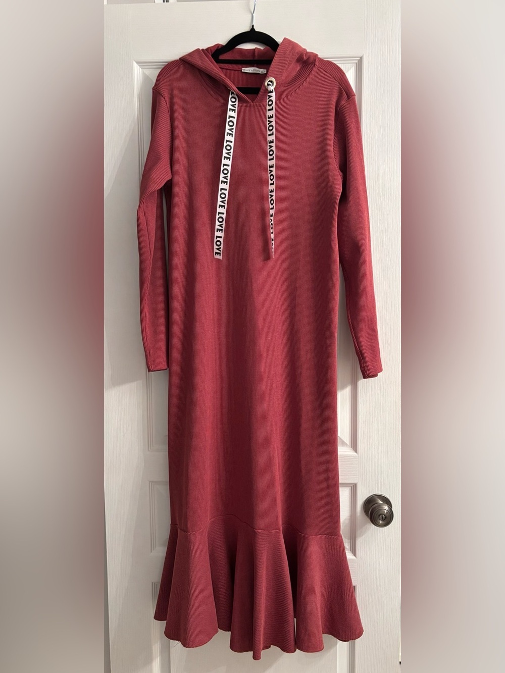 Ribbed Hoodie Dress with 'LOVE' Drawstrings - Dusty Rose